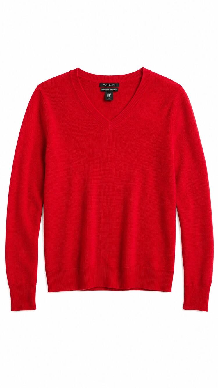 Tahari Red 100% Extra Fine Merino Wool V-Neck Sweater, Size XS